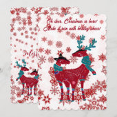 Kute kerstrenrendieren Couple Red Snowflake White Feestdagenkaart (Voorkant / Achterkant)