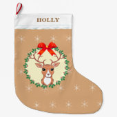 Kute kerstrenrendiertje op beige grote kerstsok (Voorkant)