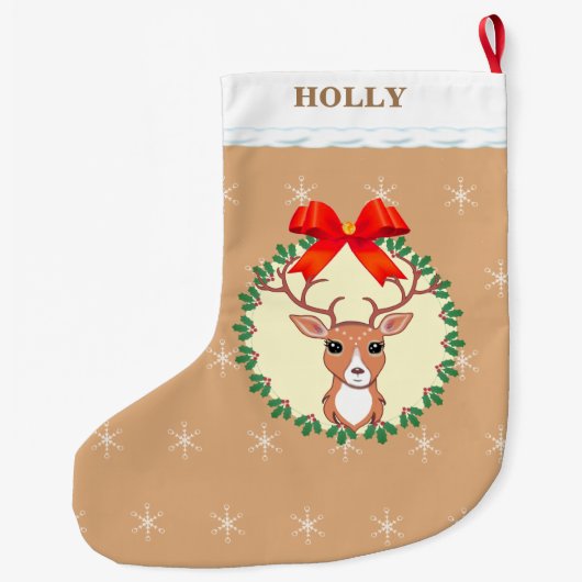 Kute kerstrenrendiertje op beige grote kerstsok (Achterkant)