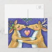 Kute kerstrenrendiertje, Romantic Kiss w Mistletoe Feestdagenkaart (Voorkant / Achterkant)
