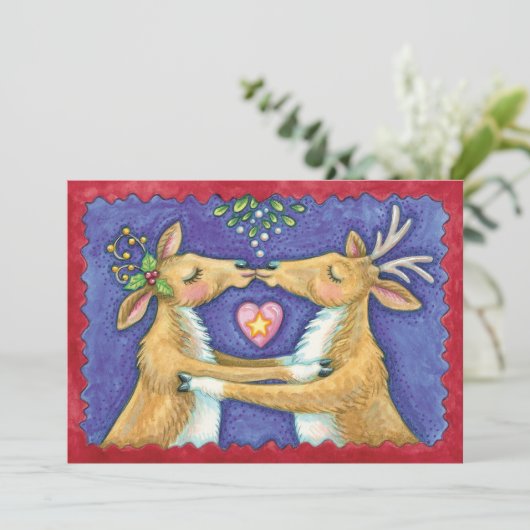 Kute kerstrenrendiertje, Romantic Kiss w Mistletoe Kaart (Staand voorkant)