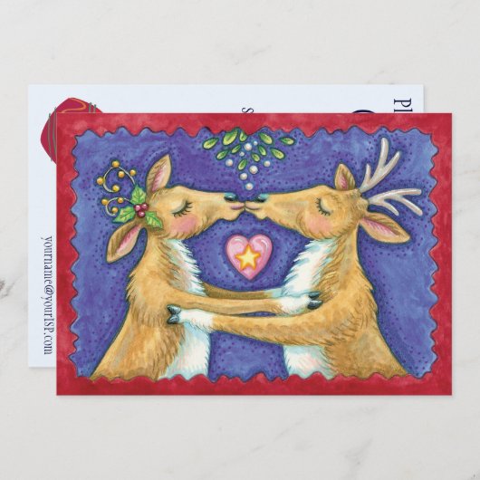 Kute kerstrenrendiertje, Romantic Kiss w Mistletoe Kaart (Voorkant / Achterkant)