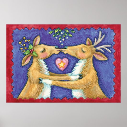 Kute kerstrenrendiertje, Romantic Kiss w Mistletoe Poster (Voorkant)