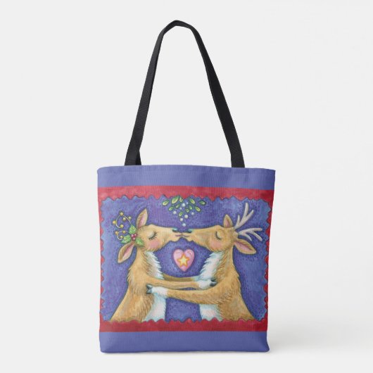 Kute kerstrenrendiertje, Romantic Kiss w Mistletoe Tote Bag (Achterkant)
