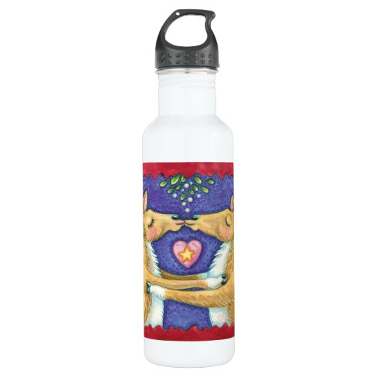 Kute kerstrenrendiertje, Romantic Kiss w Mistletoe Waterfles (Voorkant)