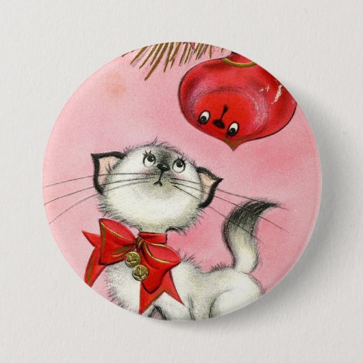 Kute kerstretro  keukenrootje roze ronde button 7,6 cm (Voorkant)