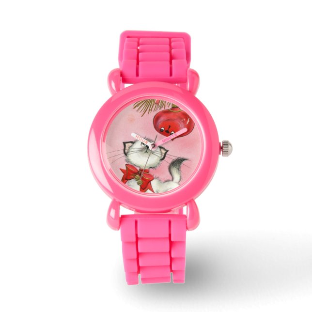 Kute kerstretro Kitty Cat Tree Pink Glitter Horloge (Voorkant)