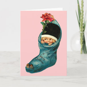 Kute kerststop, klein kind, roze blauw feestdagen kaart
