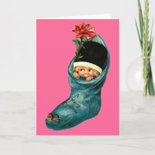 Kute kerststop, klein kind, roze blauw feestdagen kaart