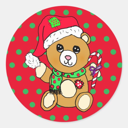 Kute kerstteddybeer met snoepriet ronde sticker (Voorkant)