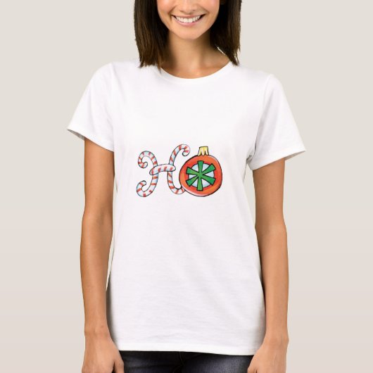 Kute kersttekst, Ho in Ornamenten met snoepsuikerr T-shirt (Voorkant)