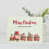 Kute kersttrein met speelgoed feestdagenkaart (Staand voorkant)