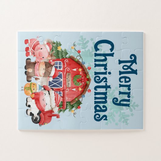 Kute kerstvee op lichtblauw blauw legpuzzel (Horizontaal)
