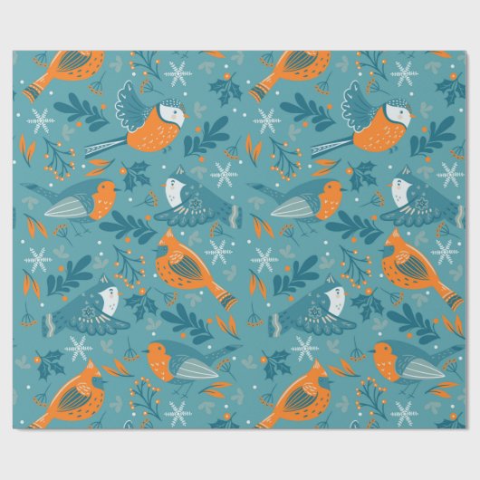 Kute kerstvogels en sneeuwvlokken cadeaupapier (Vlak)