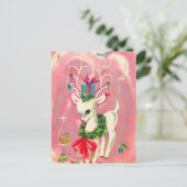 Kute kerstwitte renrendier en decoratie roze feestdagenkaart (Staand voorkant)
