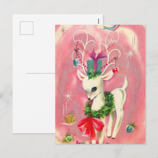 Kute kerstwitte renrendier en decoratie roze feestdagenkaart (Voorkant / Achterkant)
