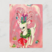 Kute kerstwitte renrendier en decoratie roze feestdagenkaart (Voorkant)