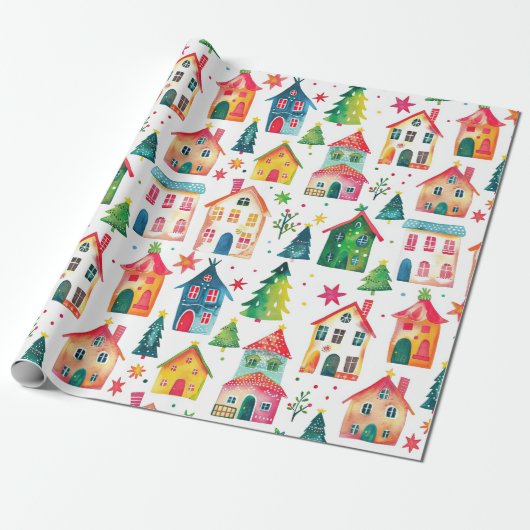 Kute kerstwoningen cadeaupapier (Uitgerold)