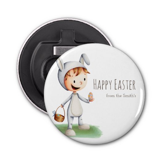 Kute Kind in paasbunny Costume Happy Pasen Button Flesopener (Voorkant)