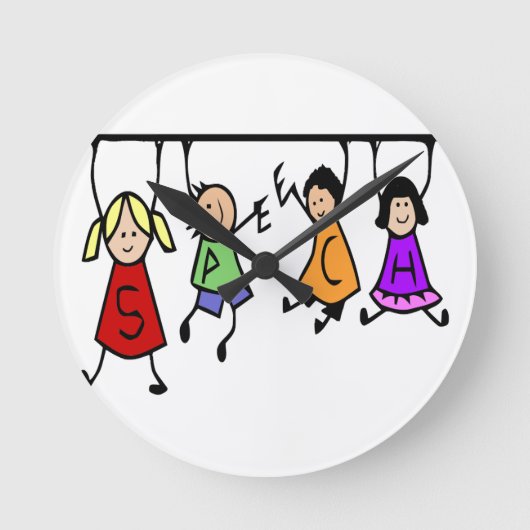 Kute Kinder Cartoon Holding Speech Words Ronde Klok (Voorkant)