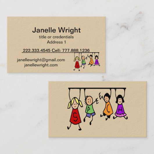 Kute Kinder Cartoon Holding Speech Words Visitekaartje (Voorkant / Achterkant)