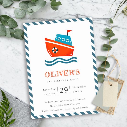 Kute Kinder Nautical Boat any Age Birthday Invite Bedankkaart
