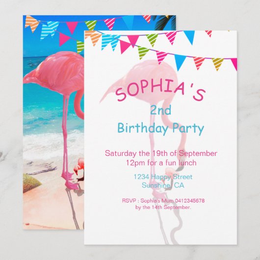 Kute Kinder roze blauw Flamingo Beach Birhtday Kaart (Voorkant / Achterkant)