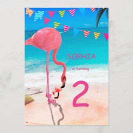 Kute Kinder roze blauw Flamingo Beach Birhtday Kaart