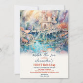 Kute Kinder Waterverf bij het Zee 1e verjaardag Kaart (Voorkant)