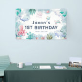 Kute Kinder Waterverf onder Zee 1e verjaardag Spandoek (Beurs)