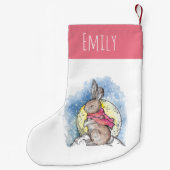 Kute kinder winterkonijn in sneeuwroze kleine kerstsok (Achterkant)