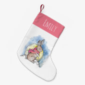 Kute kinder winterkonijn in sneeuwroze kleine kerstsok (Voorkant (Hangend))