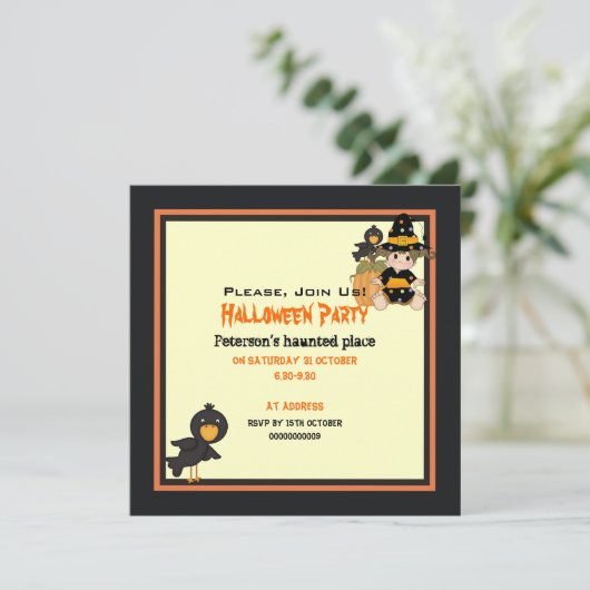 Kute kleine Halloween witje oranje zwarte jurk Kaart (Staand voorkant)