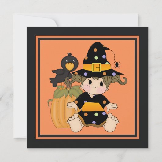 Kute kleine Halloween witje oranje zwarte jurk Kaart (Achterkant)