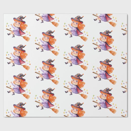 Kute kleine heks die op een bordemstick vliegen cadeaupapier (Vlak)