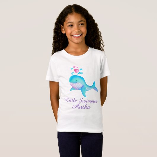 Kute kleine zwemmeisjes roze aqua walvis t shirt (Voorkant volledig)