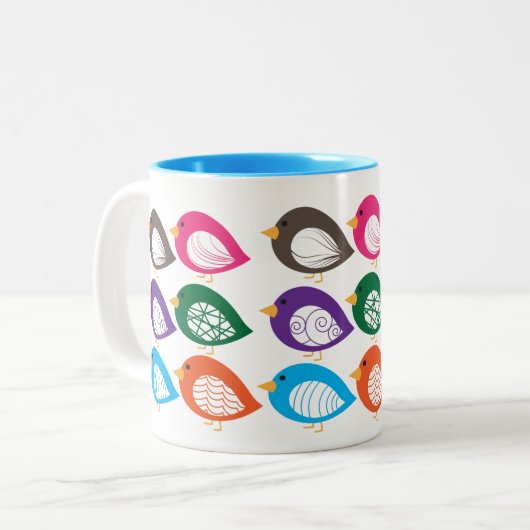 Kute kleurige irky vogels tweekleurige koffiemok (Voorkant links)