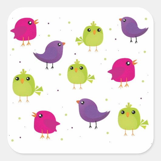 Kute kleurige vogels vierkante sticker (Voorkant)