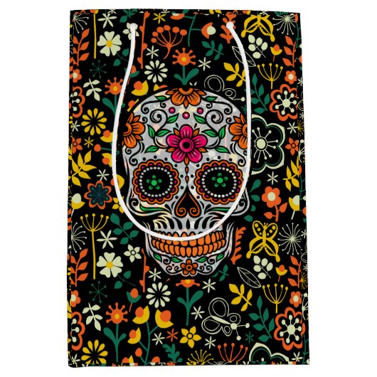 Kute kleurrijke bloemen en Floral Sugar Skull Medium Cadeauzakje (Voorkant)