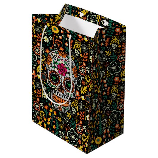 Kute kleurrijke bloemen en Floral Sugar Skull Medium Cadeauzakje (Achterkant Gekanteld)