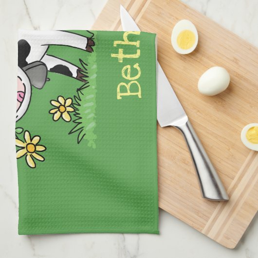 Kute koe in de illustratie van de groene cartoon theedoek (Quarter Fold)