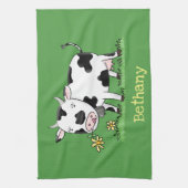 Kute koe in de illustratie van de groene cartoon theedoek (Verticaal)