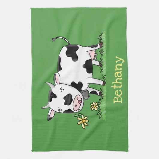Kute koe in de illustratie van de groene cartoon theedoek (Verticaal)