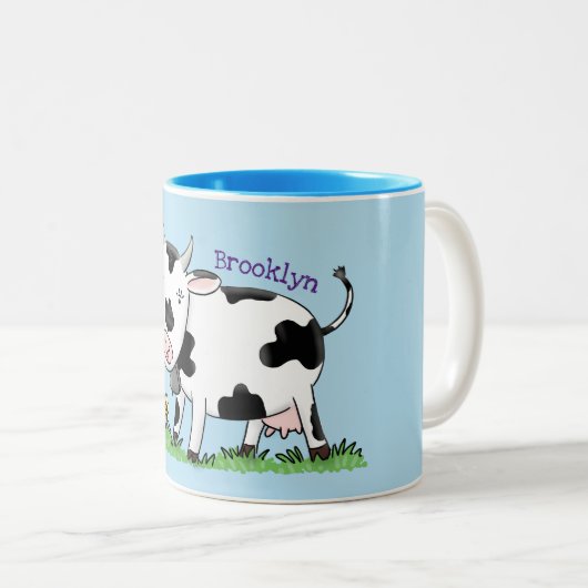 Kute koe in de illustratie van de groene cartoon tweekleurige koffiemok (Voorkant rechts)