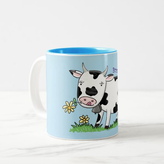 Kute koe in de illustratie van de groene cartoon tweekleurige koffiemok (Voorkant links)