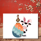 Kute Koe, rooster en kleurrijk Boerderij Feestdagen Kaart