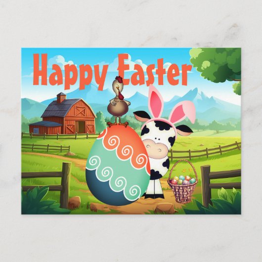 Kute Koe, rooster en kleurrijk Boerderij Feestdagenkaart (Voorkant)