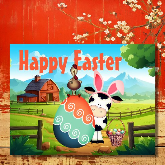 Kute Koe, rooster en kleurrijk Boerderij Feestdagenkaart