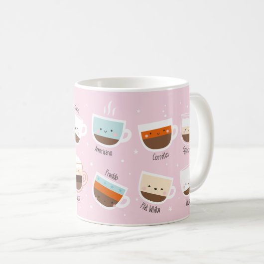 Kute koffiekopjes op lichtroze koffiemok (Voorkant rechts)