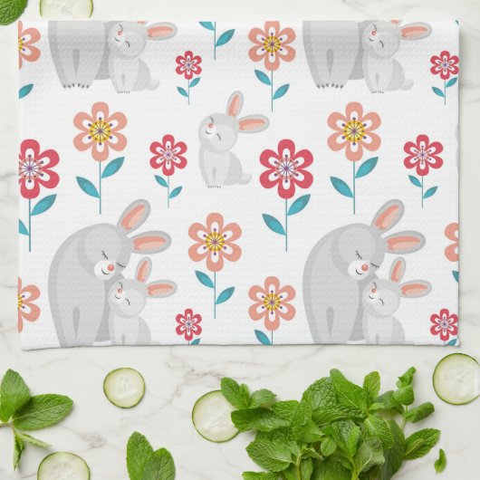 Kute konijnenmoeder en konijnenhoed, bloesems patr theedoek (Gevouwen)